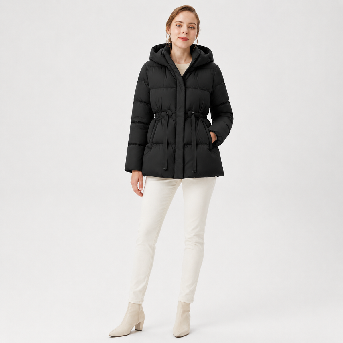 Women's Black Hooded Drawstring-Waist Puffer Jacket – Wholesale