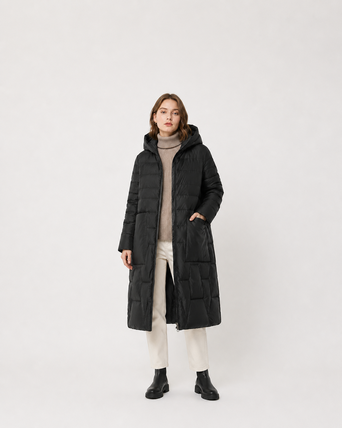 Women's black long hooded puffer coat wholesale – main image