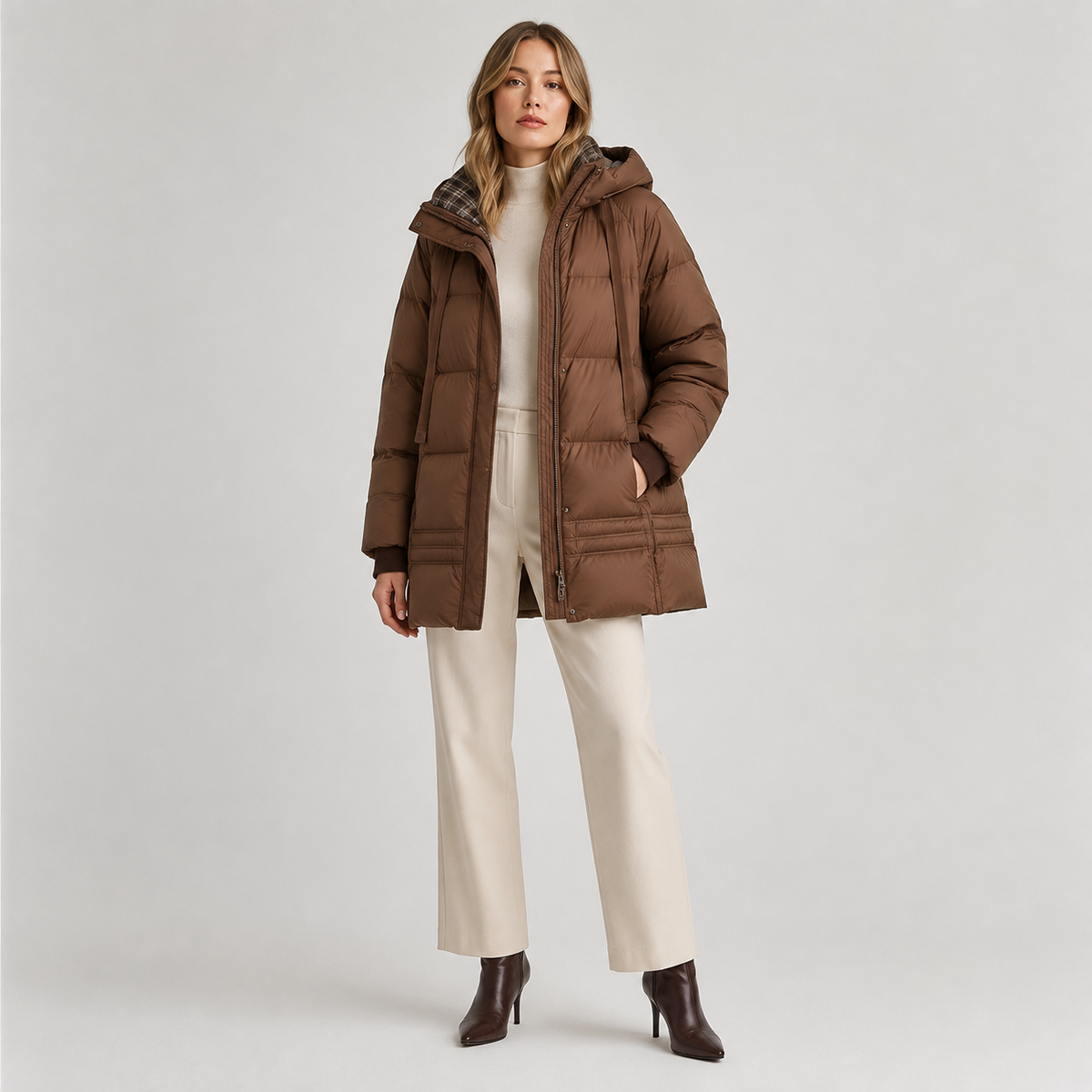 Women's Chocolate Brown Hooded Puffer Coat – Mid-Length Wholesale
