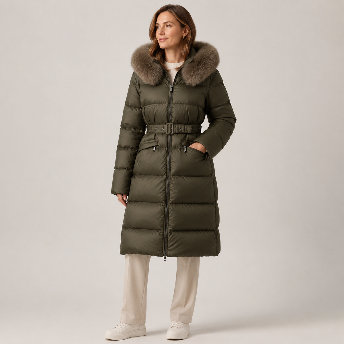 Women's Dark Olive Fur-Trim Hooded Long Puffer Coat – Wholesale
