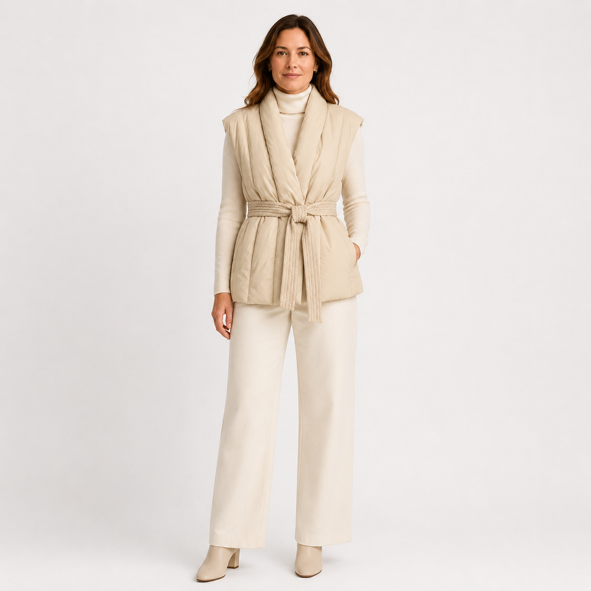 Woman wearing a ivory women's belted puffer vest in a clean studio full-body view with waist belt