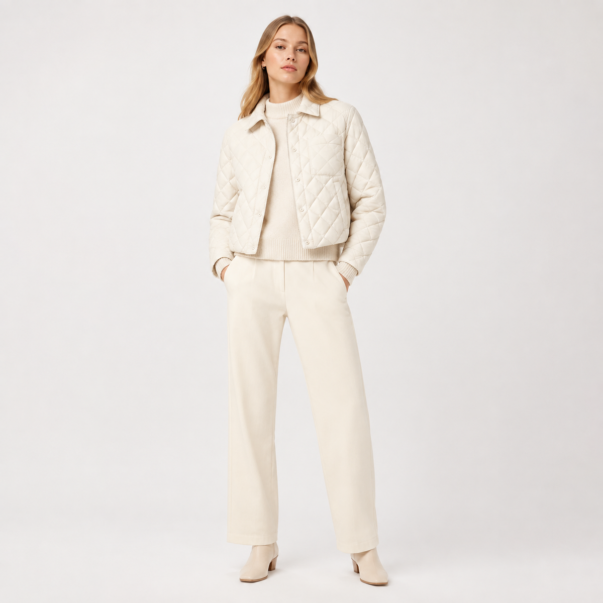 Woman wearing a ivory women's collarless quilted jacket in a clean studio full-body view