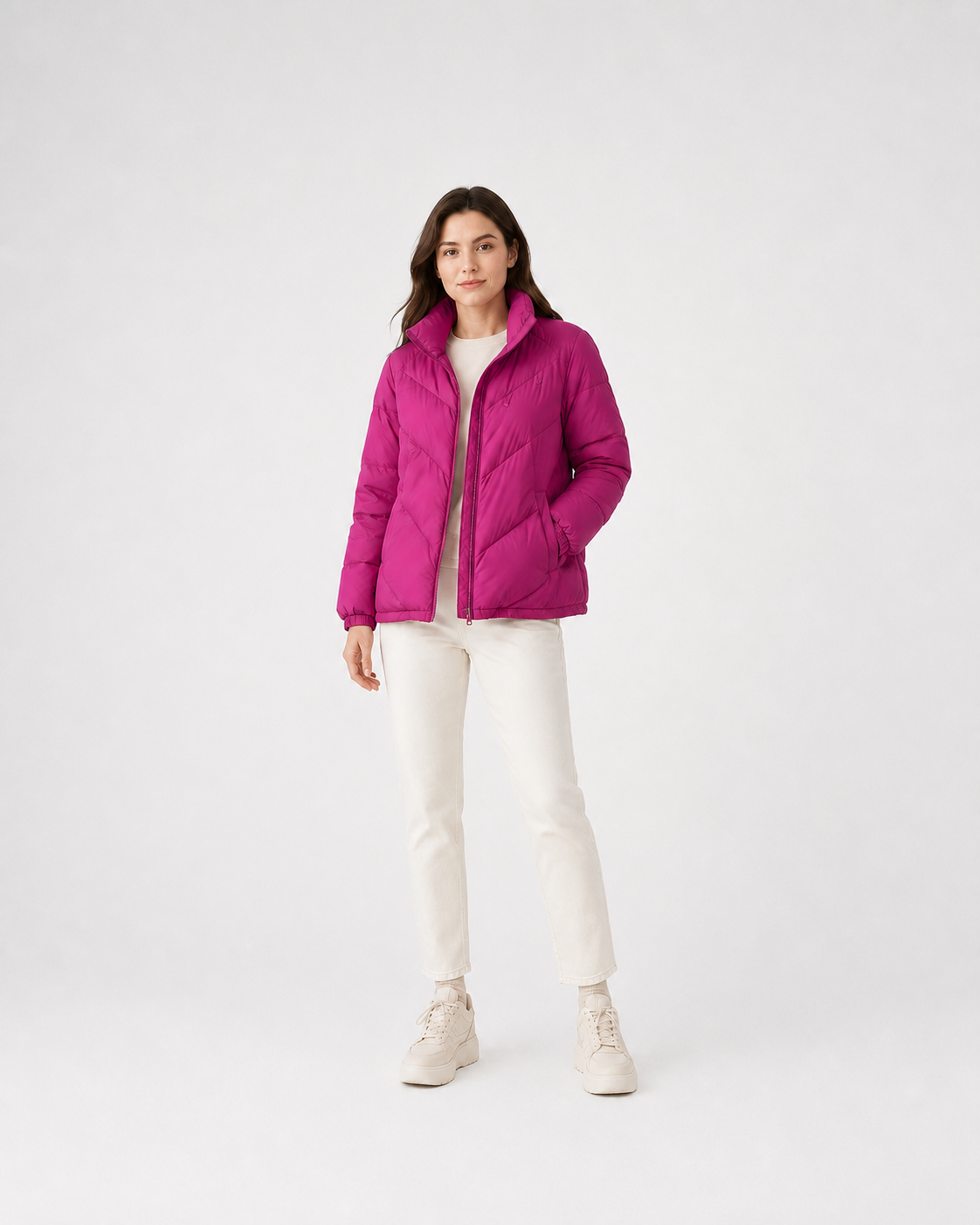 Women's magenta chevron quilted puffer jacket wholesale – main image