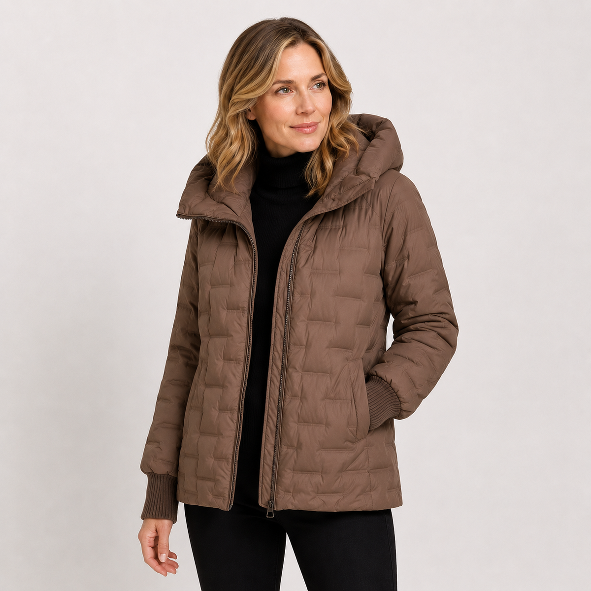 Woman wearing a mocha brown women's mid-length hooded puffer jacket in a clean studio upper-body front view
