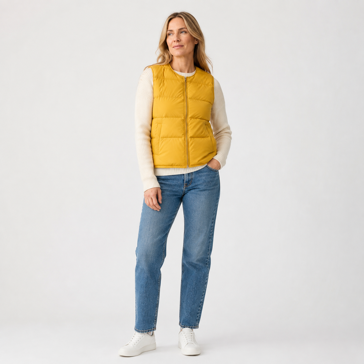 Woman wearing a mustard yellow women's short puffer vest in a clean studio full-body view over cream sweater and jeans