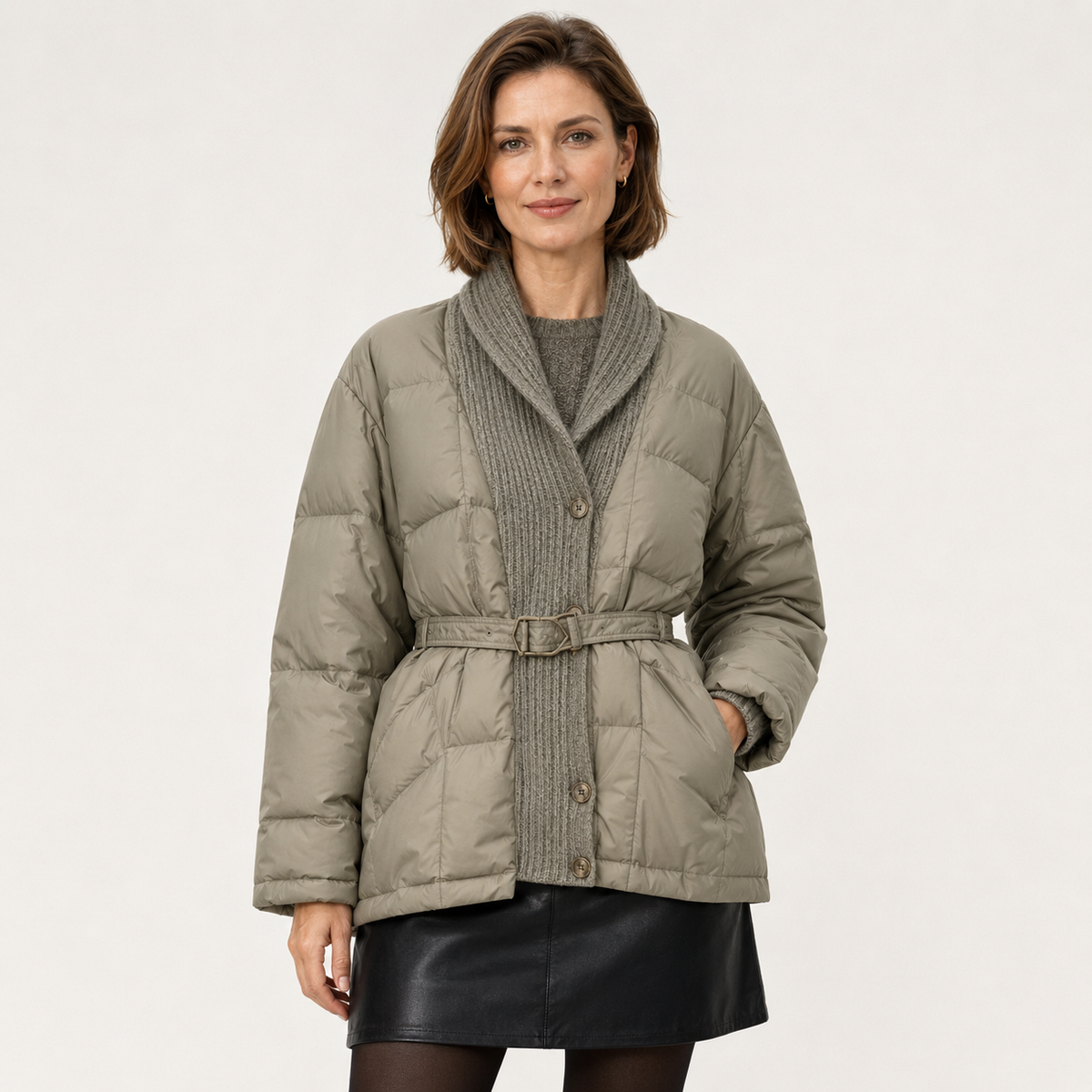 Woman wearing a taupe women's belted puffer jacket in a clean studio upper-body view with waist belt