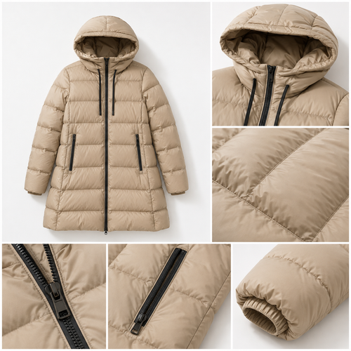 Detail views of the beige women's mid-length hooded puffer coat, including hood, horizontal baffles, zipper pockets, front zipper and elastic cuff