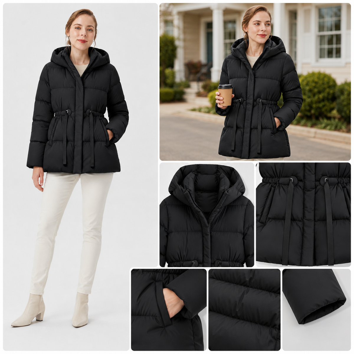 Detail views of the black women's hooded cinched-waist puffer jacket, including hood, waist tie, zipper, pocket, cuff and quilting