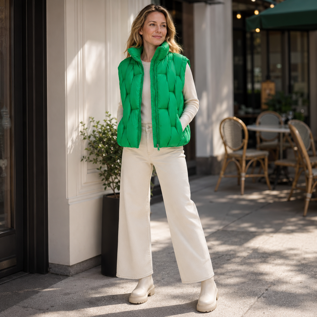 Woman wearing a bright green women's short puffer vest in a sunlit café lifestyle scene