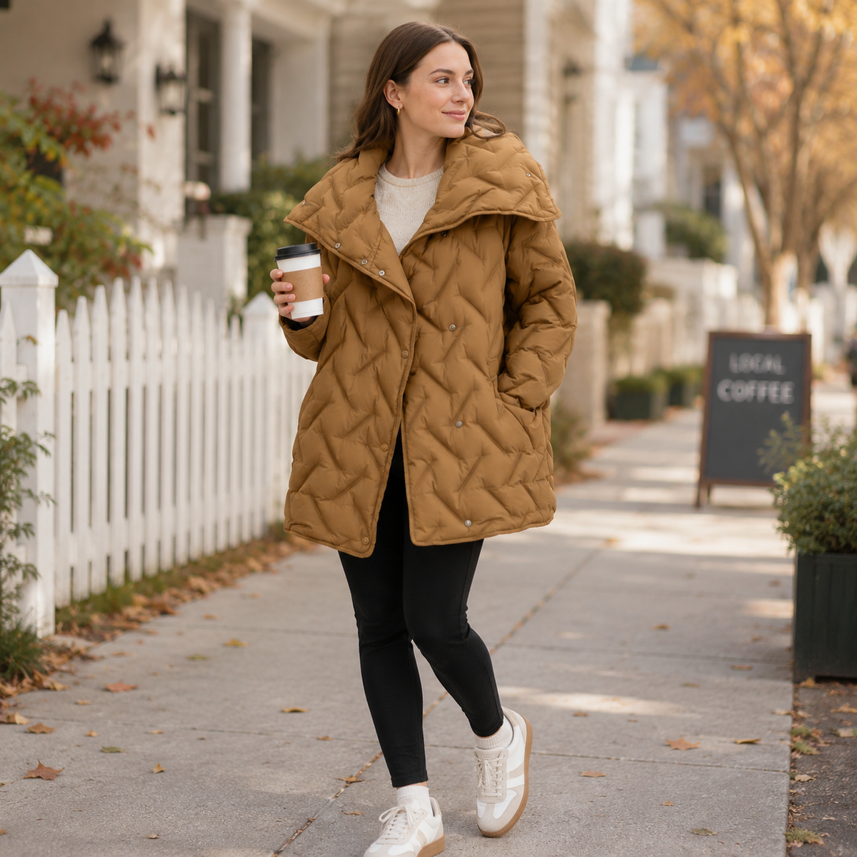 Women's Camel Diamond-Quilted Mid-Length Puffer Jacket – Wholesale
