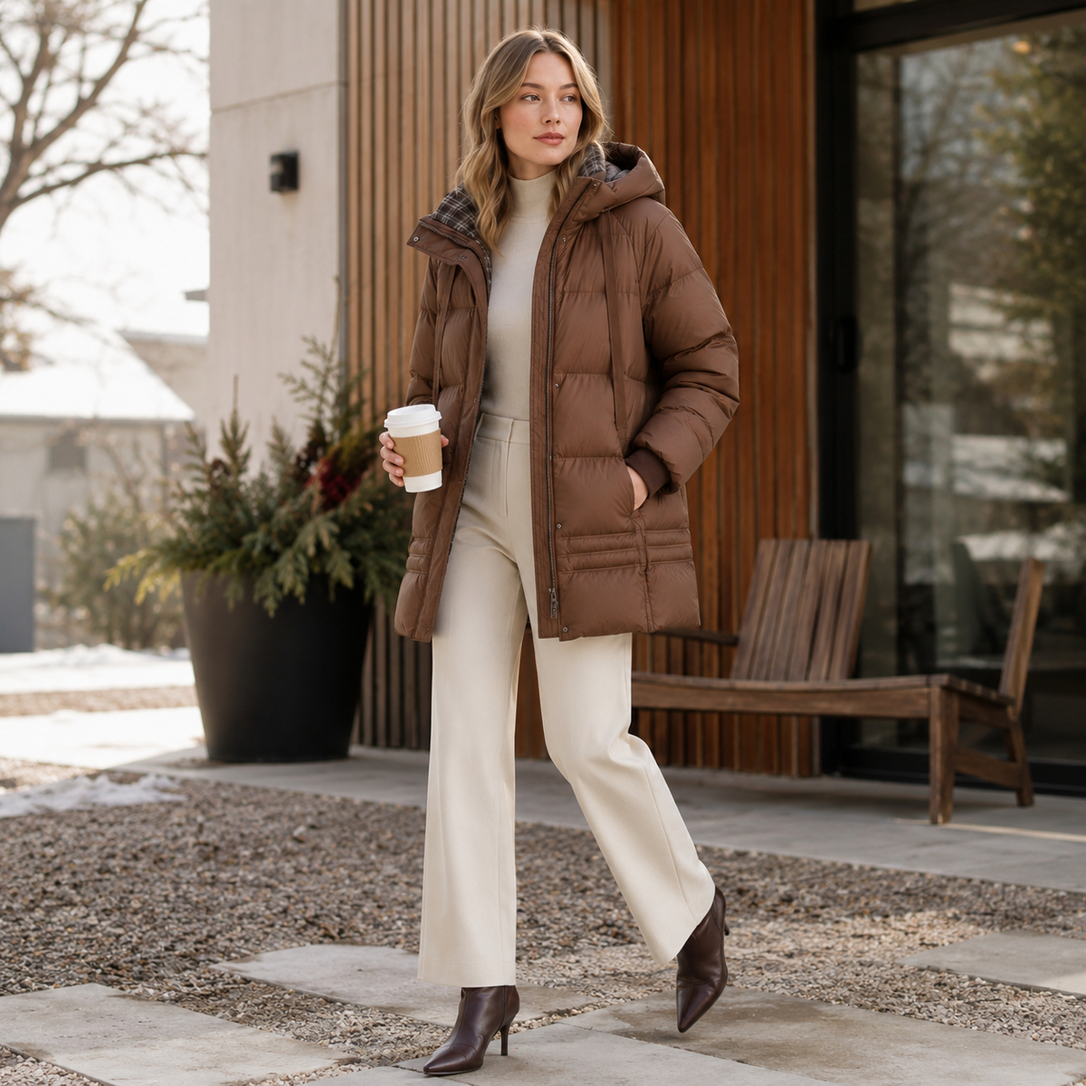 Woman wearing a chocolate brown women's hooded mid-length puffer coat in a winter outdoor lifestyle scene