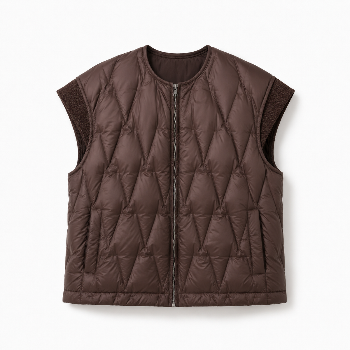 Dark Brown women's layered quilted vest jacket shown in a product-only front view on white background