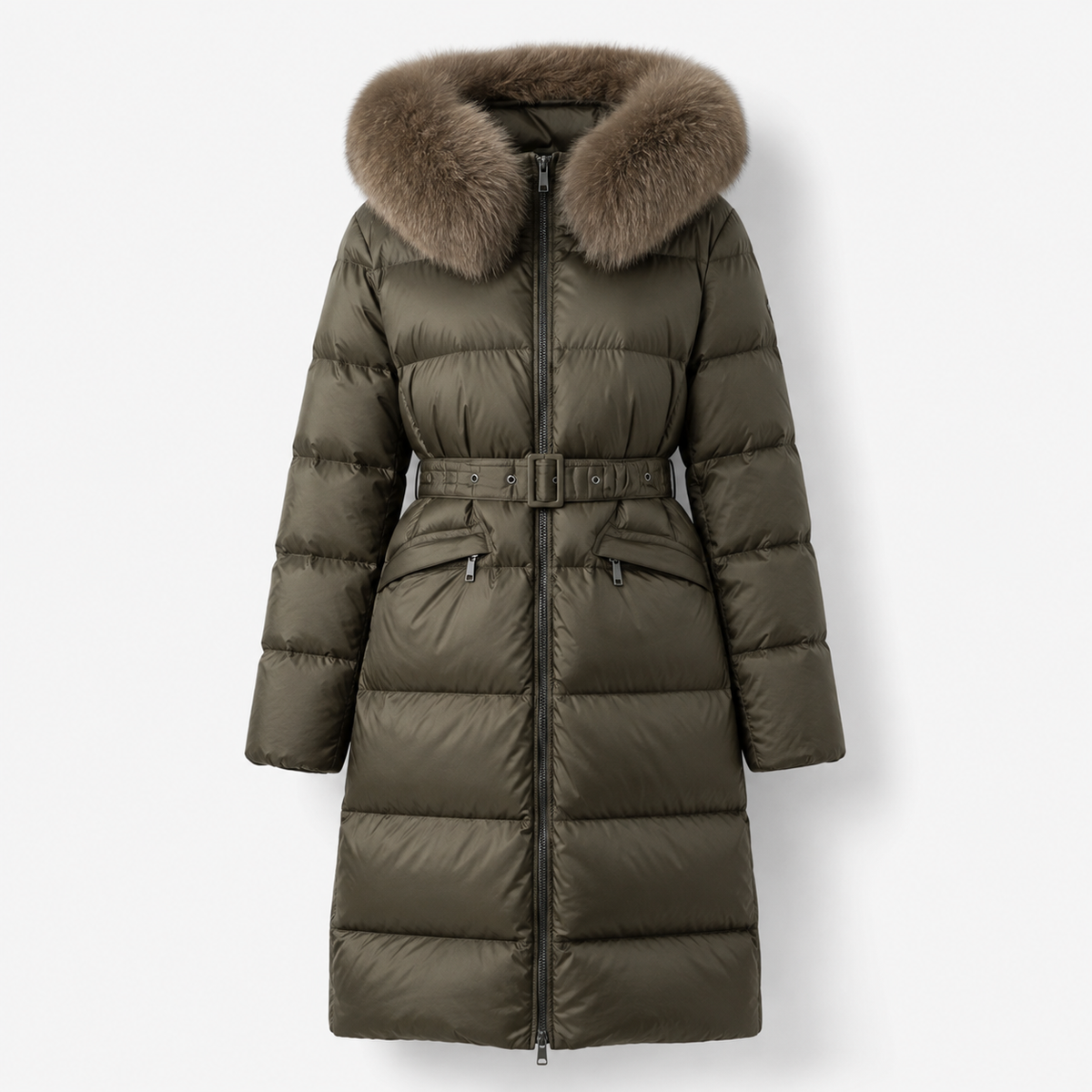 Women's Dark Olive Fur-Trim Hooded Long Puffer Coat – Wholesale
