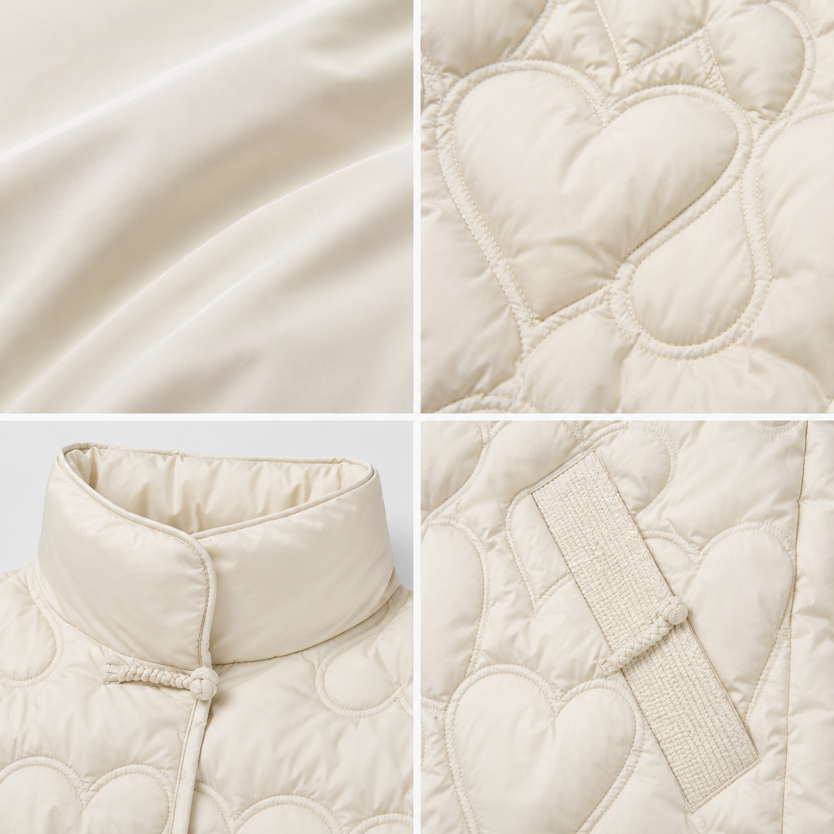 Detail views of the ivory women's textured-quilt puffer jacket, including smooth fabric, rounded quilting, high collar and snap details