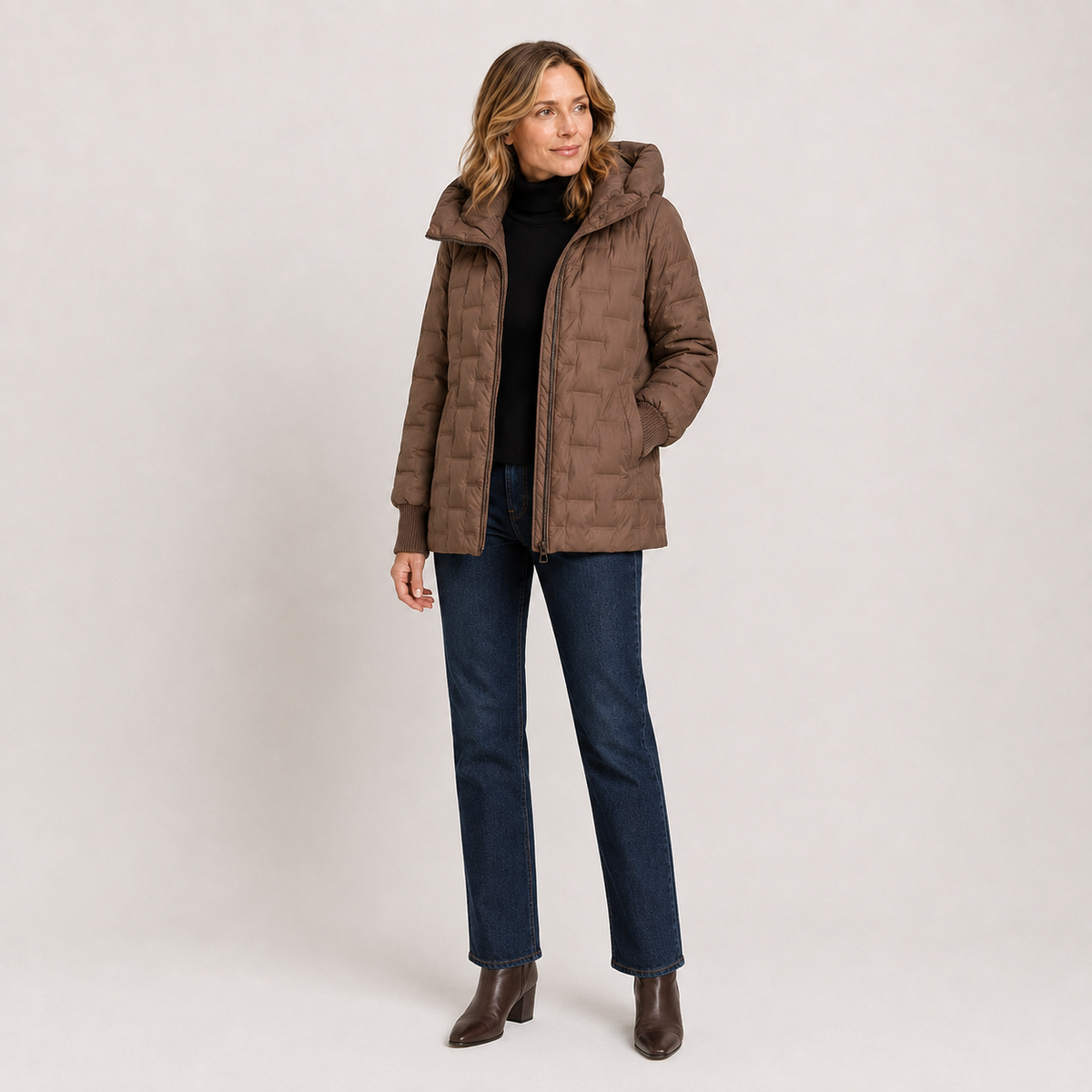 Women's Mocha Brown Mid-Length Hooded Puffer Jacket – Wholesale