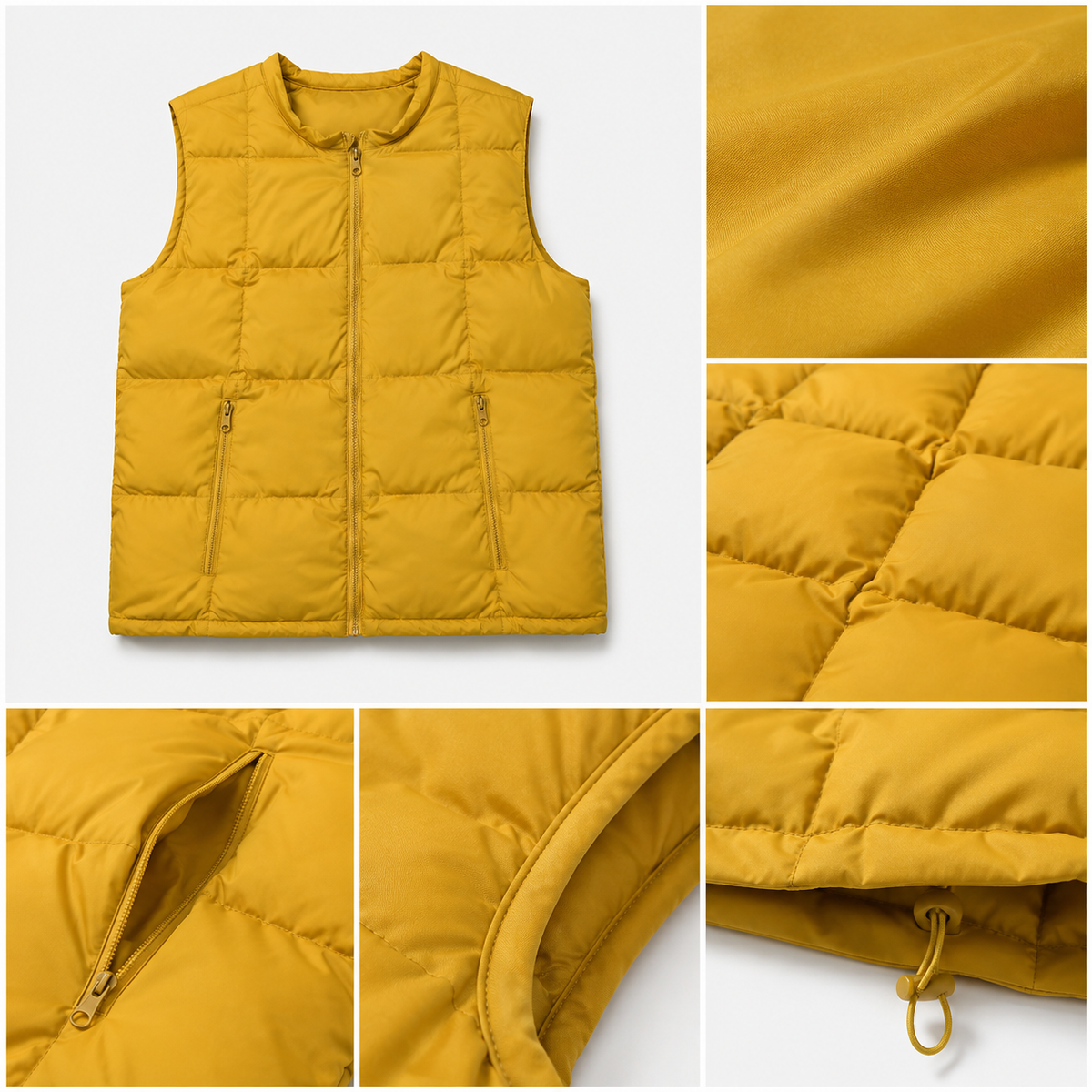 Detail views of the mustard yellow women's short puffer vest, including fabric, horizontal quilting, pocket, armhole and hem