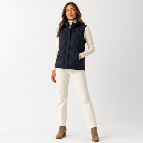 Model wearing a navy women's lightweight puffer vest in a clean full-body studio view