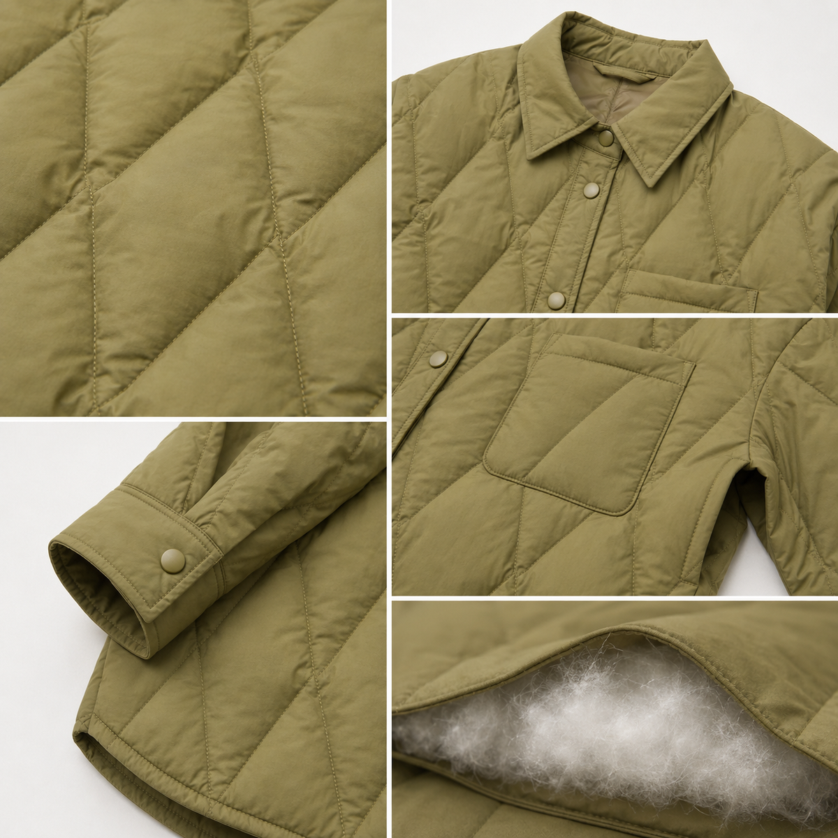 Detail views of the olive green women's diamond-quilted shirt jacket, including diamond quilting, shirt collar, snap front, cuff, curved hem and insulation detail