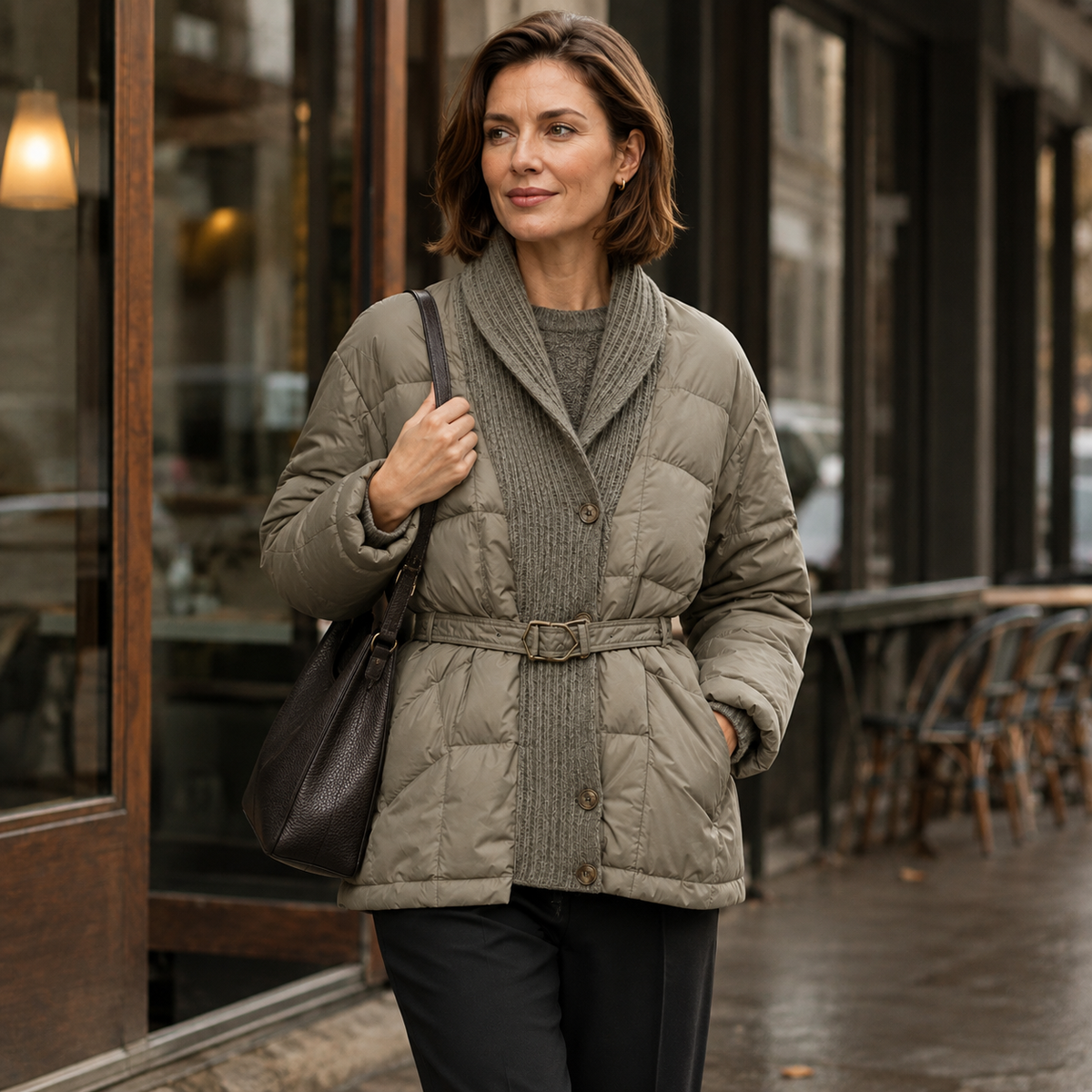Woman wearing a taupe women's belted puffer jacket in a city café street scene