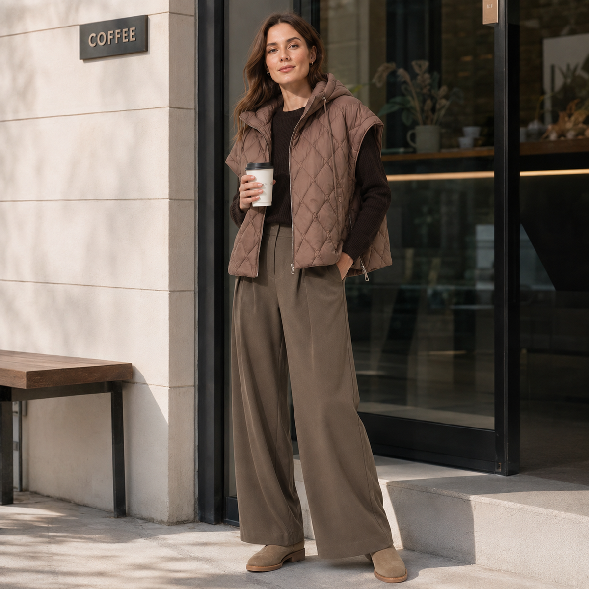 Woman wearing a taupe women's diamond-quilted hooded puffer vest in a coffee shop exterior lifestyle scene
