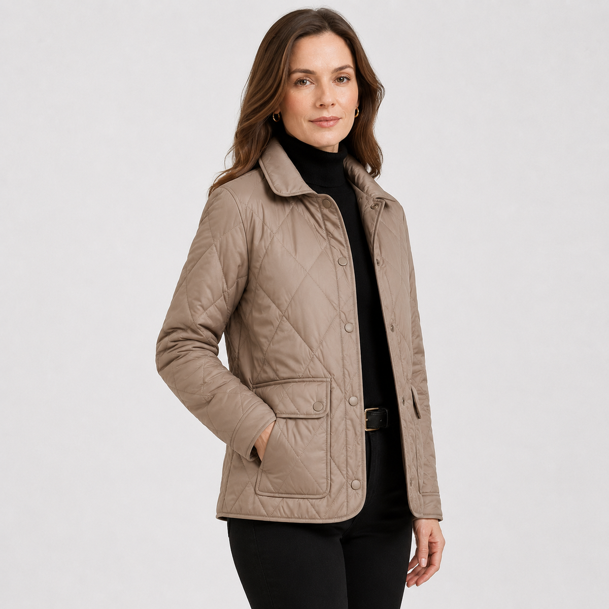 Model wearing a taupe women's diamond-quilted lightweight jacket in a clean alternate upper-body studio pose
