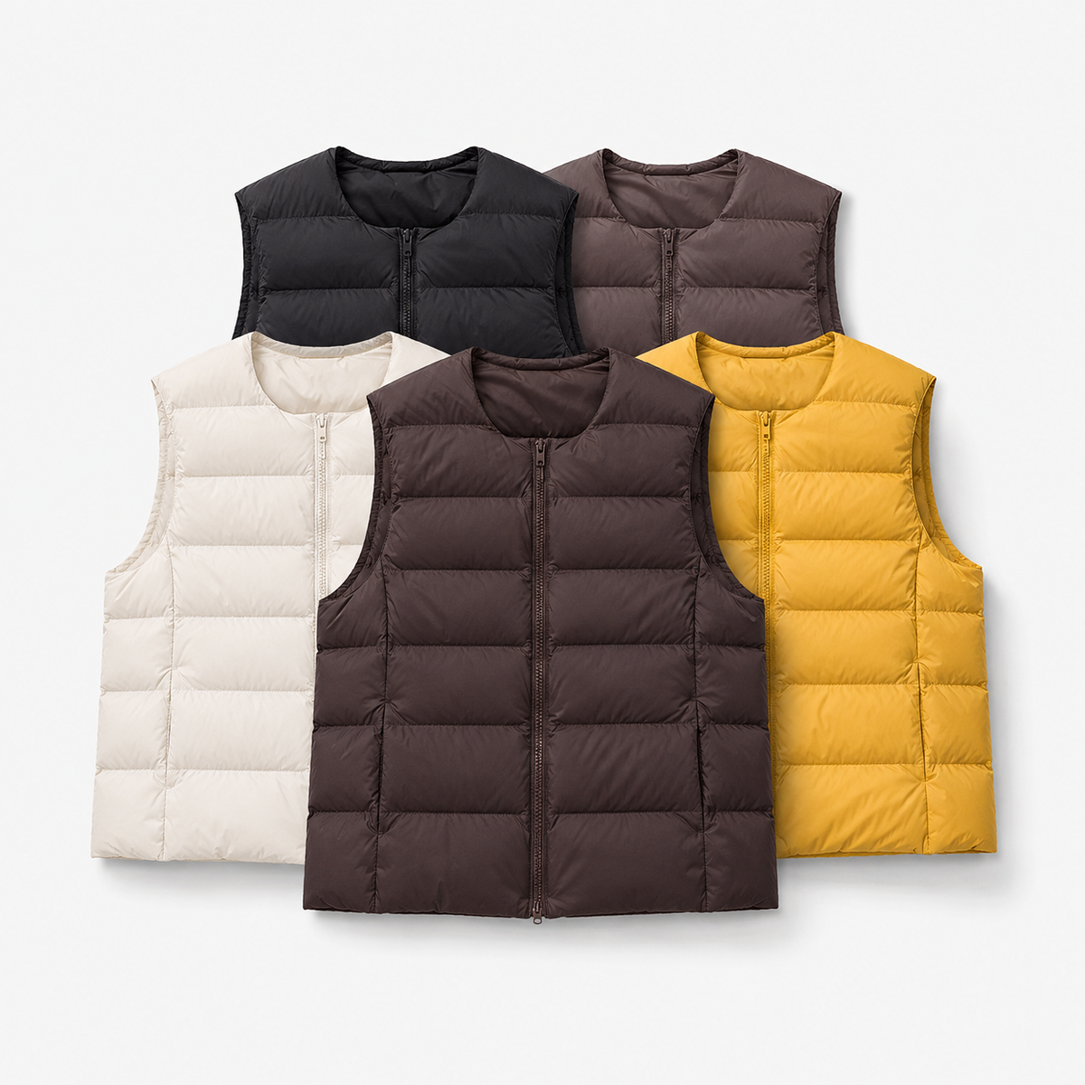 Color options for the women's short puffer vest, multiple color options shown as product-only vests