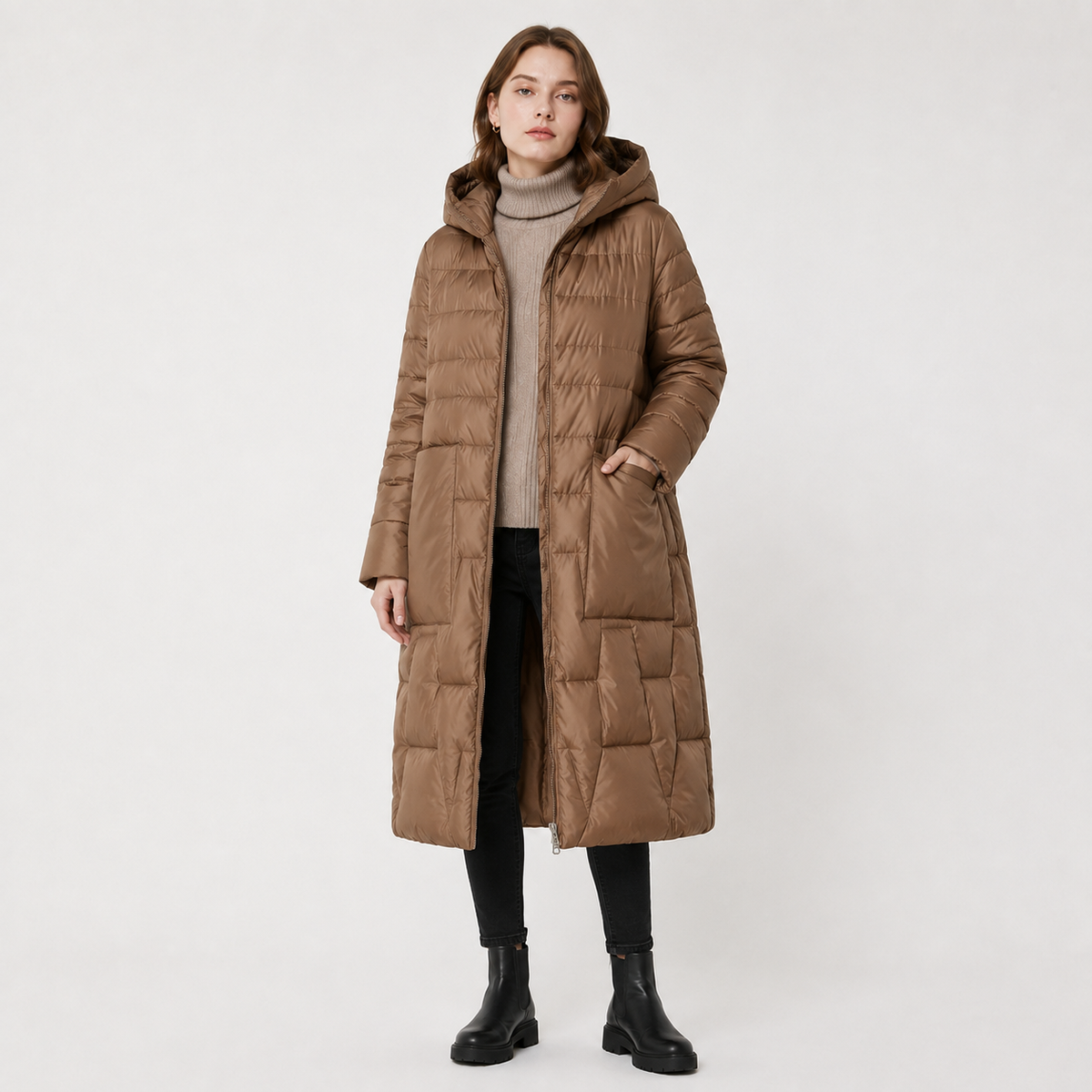Women's black long hooded puffer coat wholesale – image 3