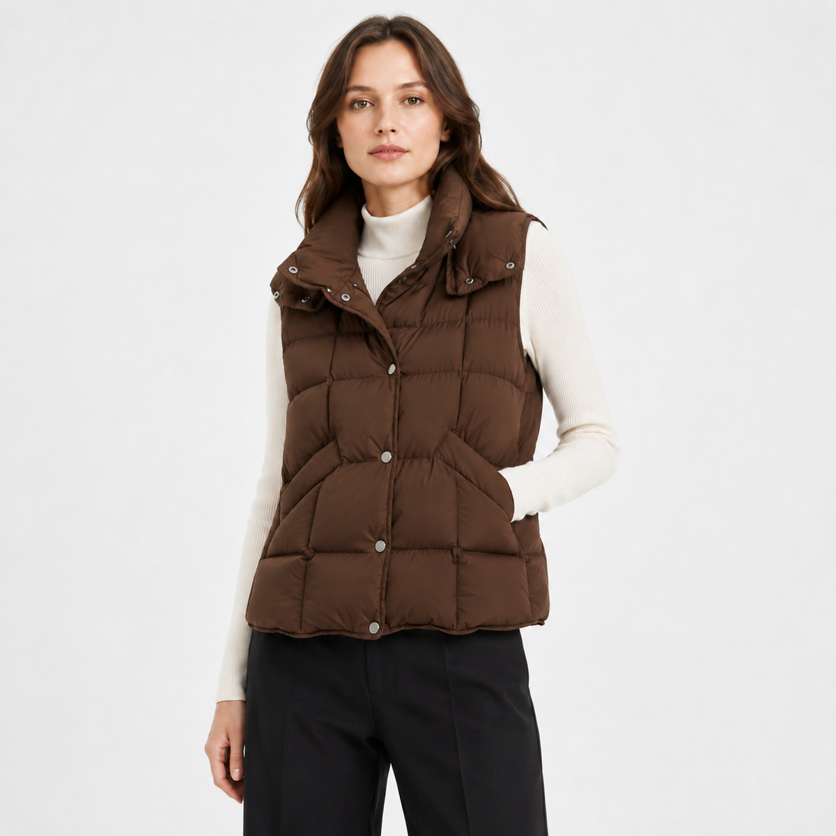 Model wearing a brown women's high-collar puffer vest in a clean front studio view