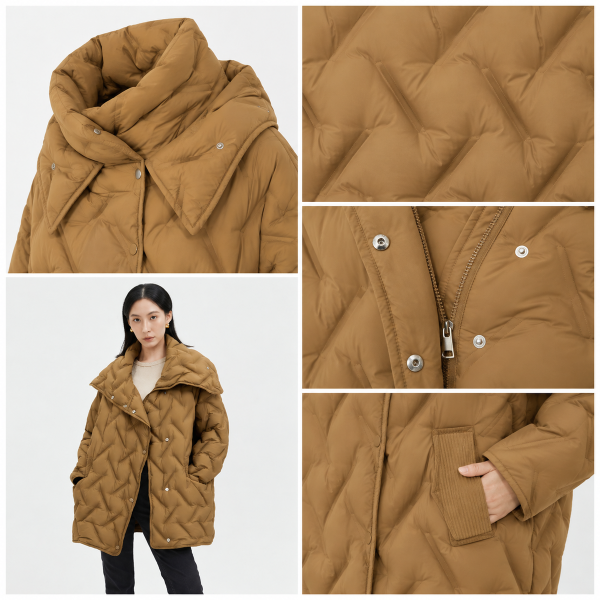 Women's Camel Diamond-Quilted Mid-Length Puffer Jacket – Wholesale