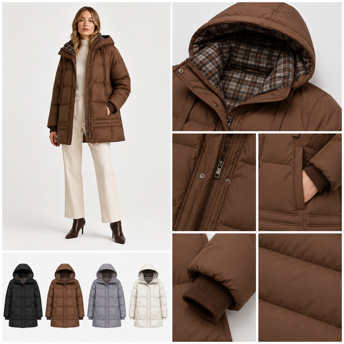 Detail views of the chocolate brown women's hooded mid-length puffer coat, including hood lining, zipper, pocket, cuff, quilting and color options