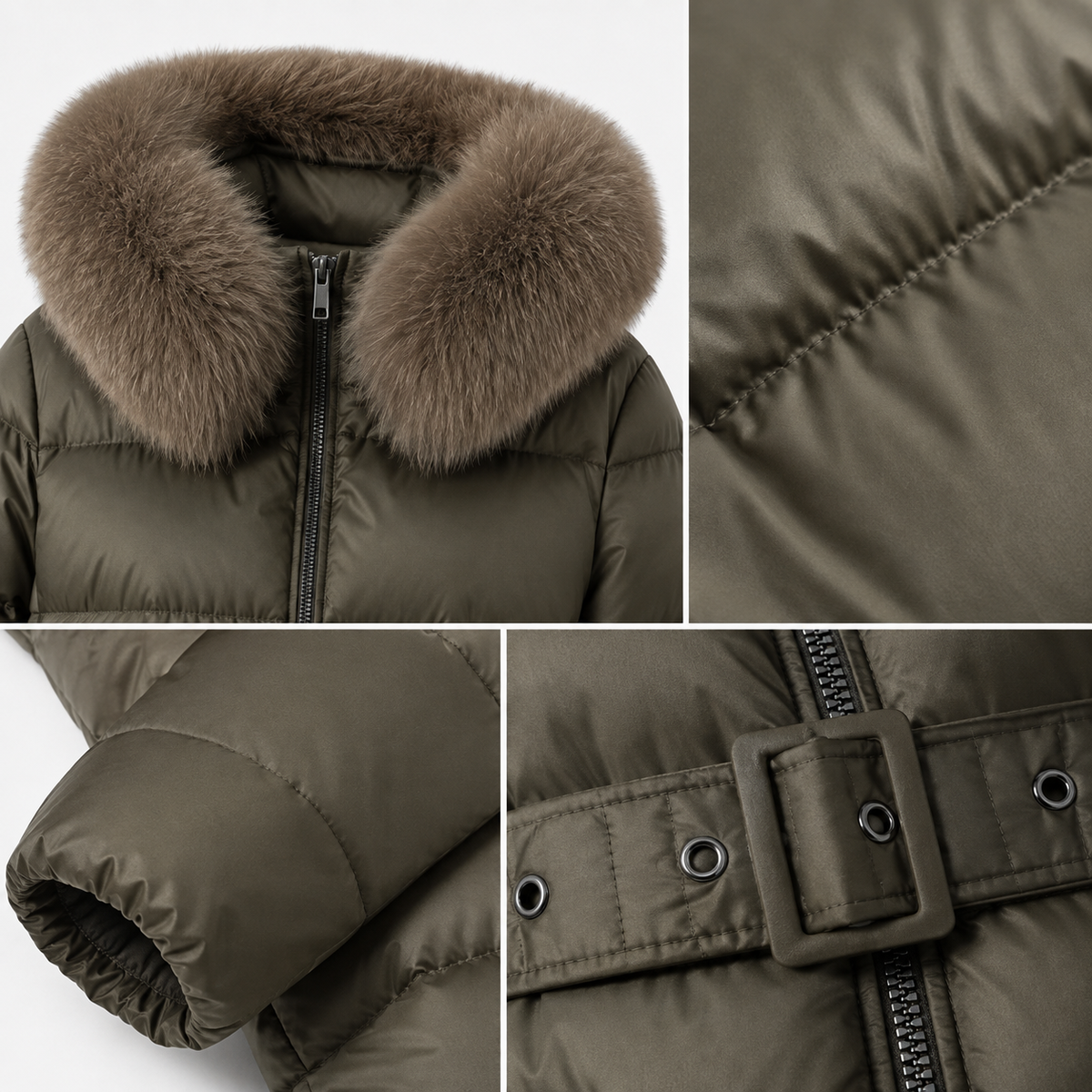 Detail views of the dark olive women's long belted hooded puffer coat, including plush-trim hood, quilted shell, elastic cuff and belt buckle