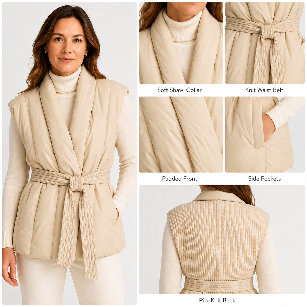 Detail views of the ivory women's belted puffer vest, including shawl collar, waist belt, padded front, pocket and rib-knit back