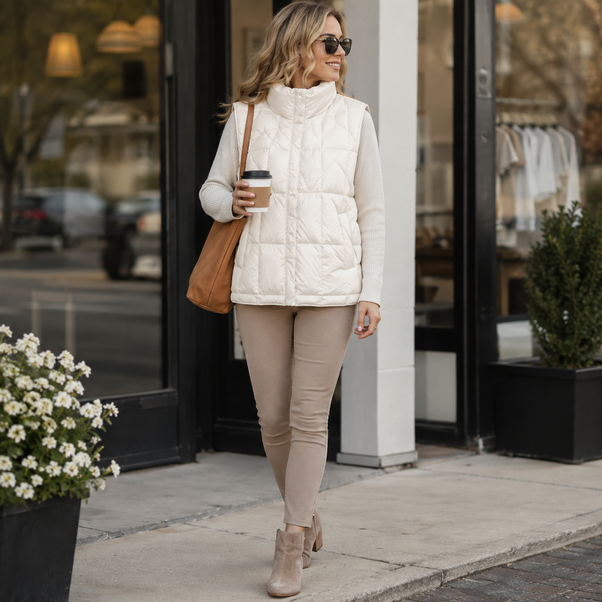 Woman wearing a ivory women's lightweight puffer vest in a storefront lifestyle scene