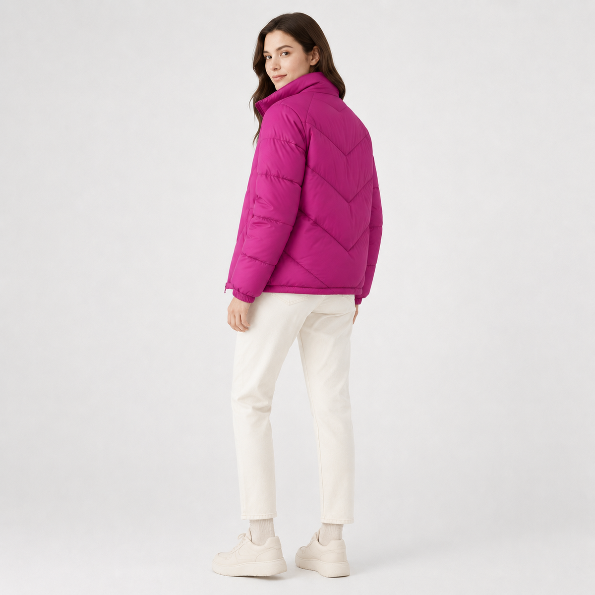 Women's magenta chevron quilted puffer jacket wholesale – image 3