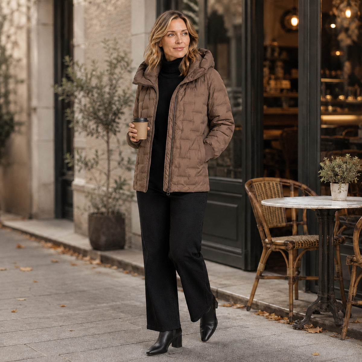 Women's Mocha Brown Mid-Length Hooded Puffer Jacket – Wholesale