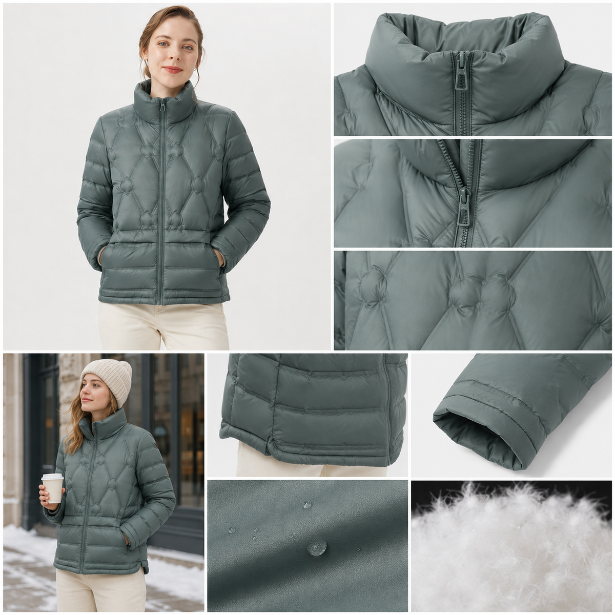 Detail views of the sage green women's short puffer jacket, including model, street styling, collar, zipper, quilting, cuff and insulation detail