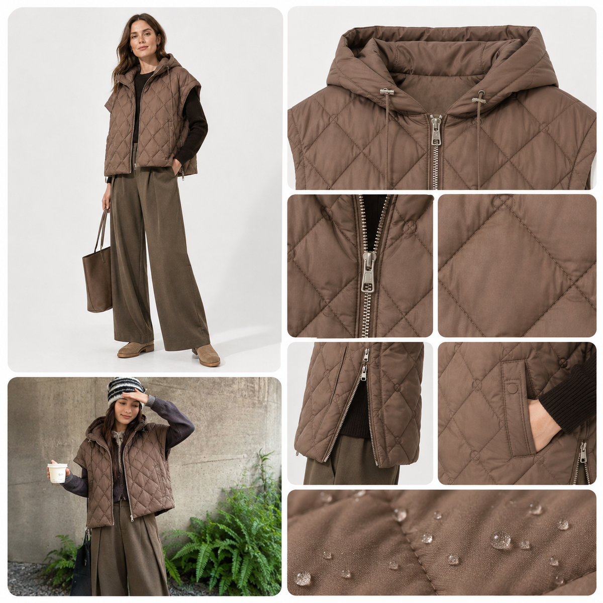 Detail views of the taupe women's diamond-quilted hooded puffer vest, including hood, zipper, diamond quilting, side pocket and hem snaps
