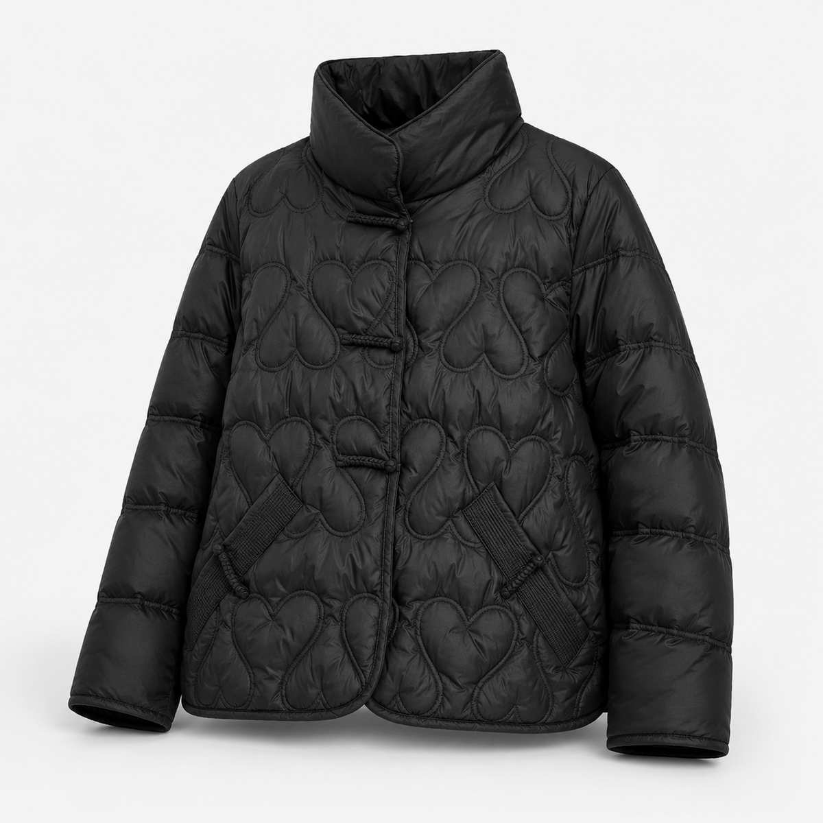 Black women's textured-quilt puffer jacket shown in a product-only front view on white background