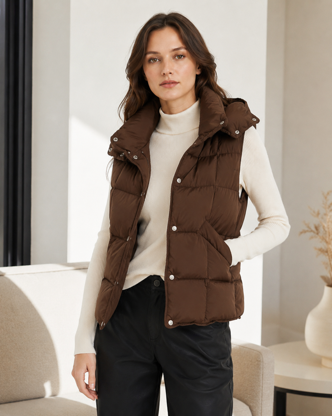 Woman wearing a brown women's high-collar puffer vest in a indoor lifestyle setting
