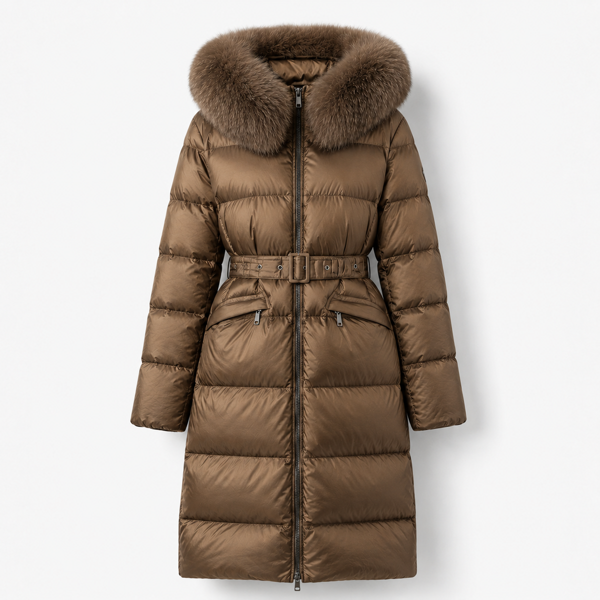 Brown women's long belted hooded puffer coat shown in a product-only front view