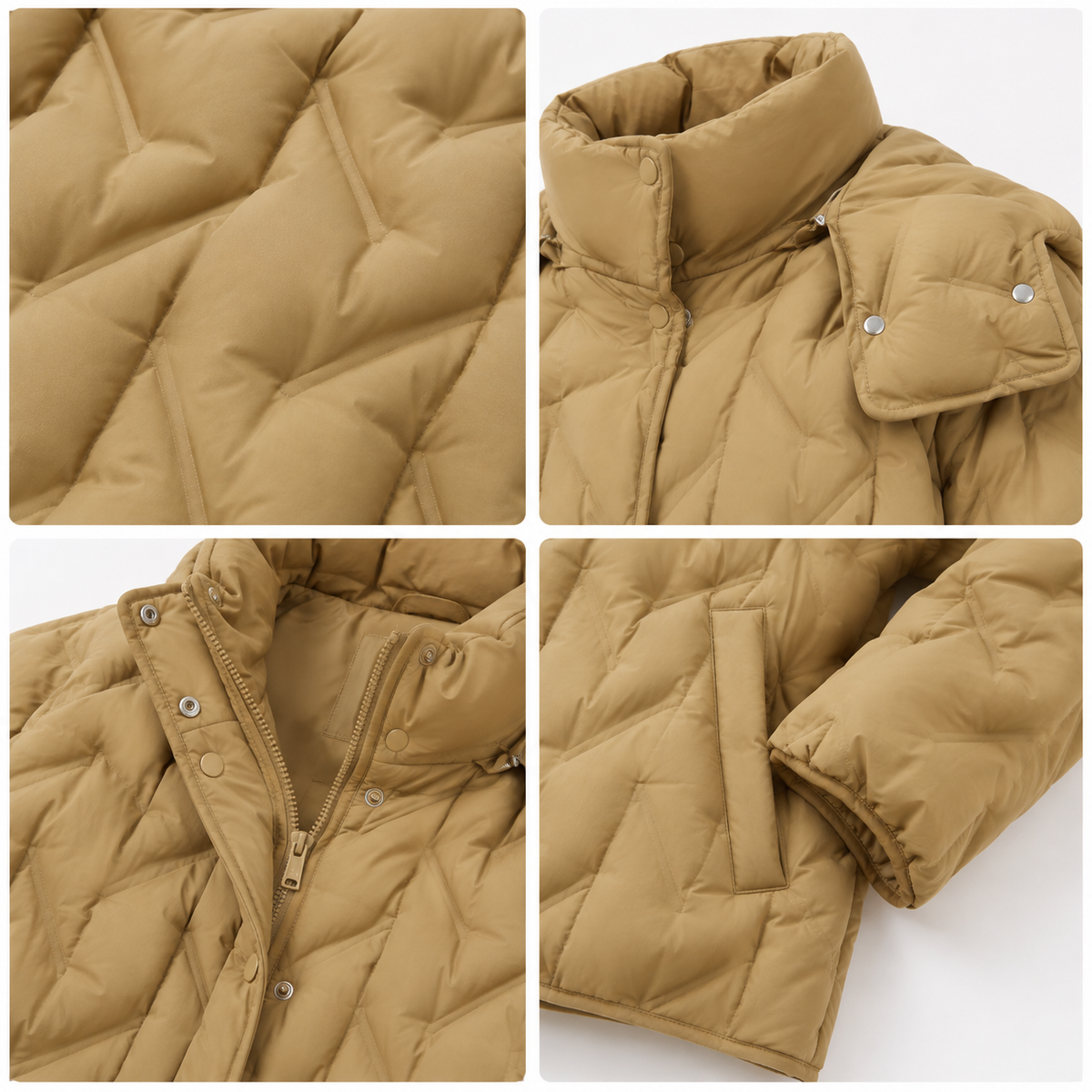 Detail views of the camel women's hooded puffer jacket, including diamond quilting, hood, front placket, cuff and pocket