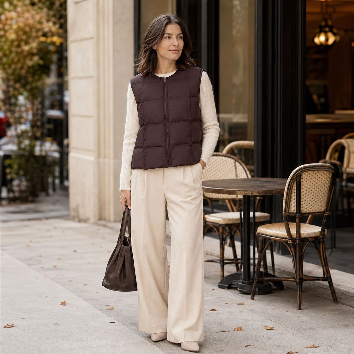 Woman wearing a dark brown women's short puffer vest in a outdoor café lifestyle scene