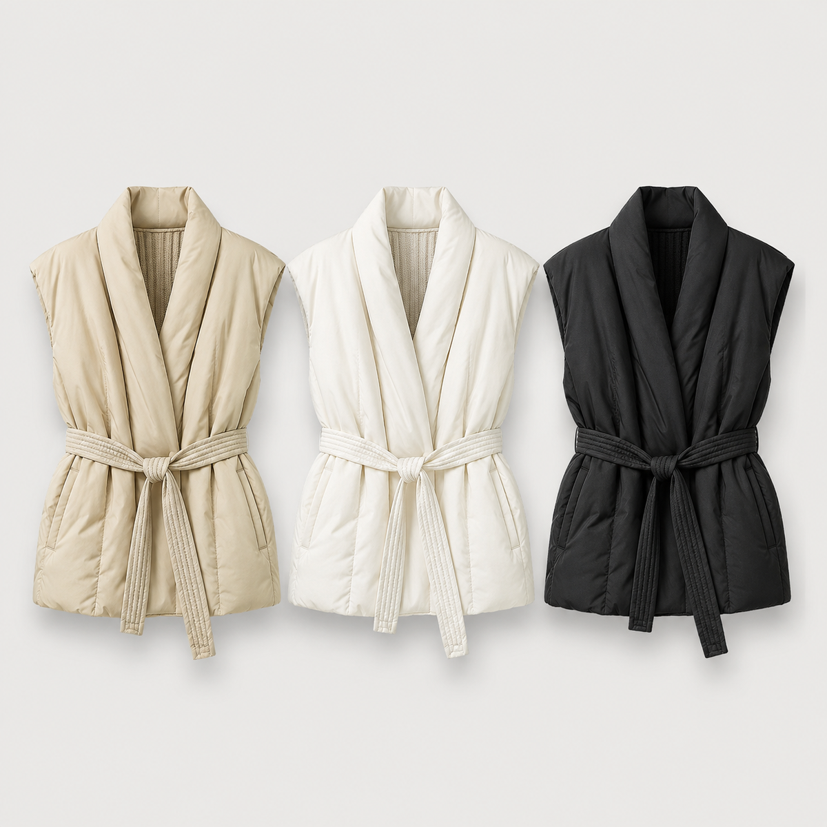 Color options for the women's belted puffer vest, three color options shown as product-only images