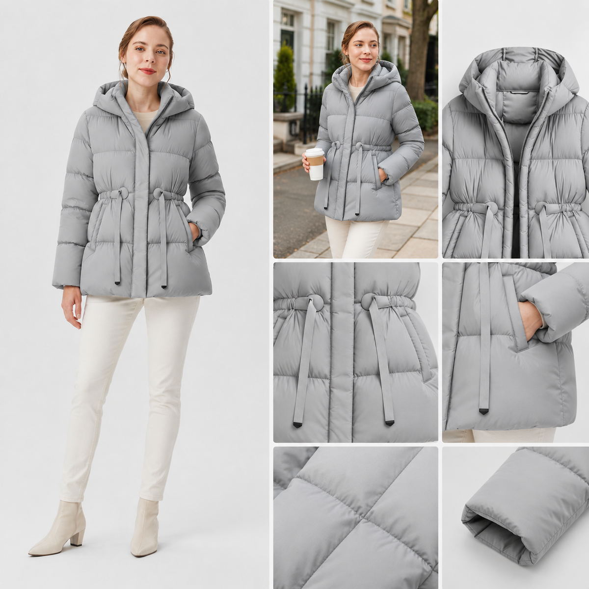 Detail views of the light gray women's hooded cinched-waist puffer jacket, including hood, waist tie, zipper, pocket, cuff and quilting