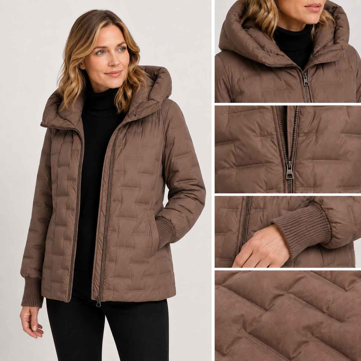 Detail views of the mocha brown women's mid-length hooded puffer jacket, including hood, zipper, sleeve, pocket and quilted fabric