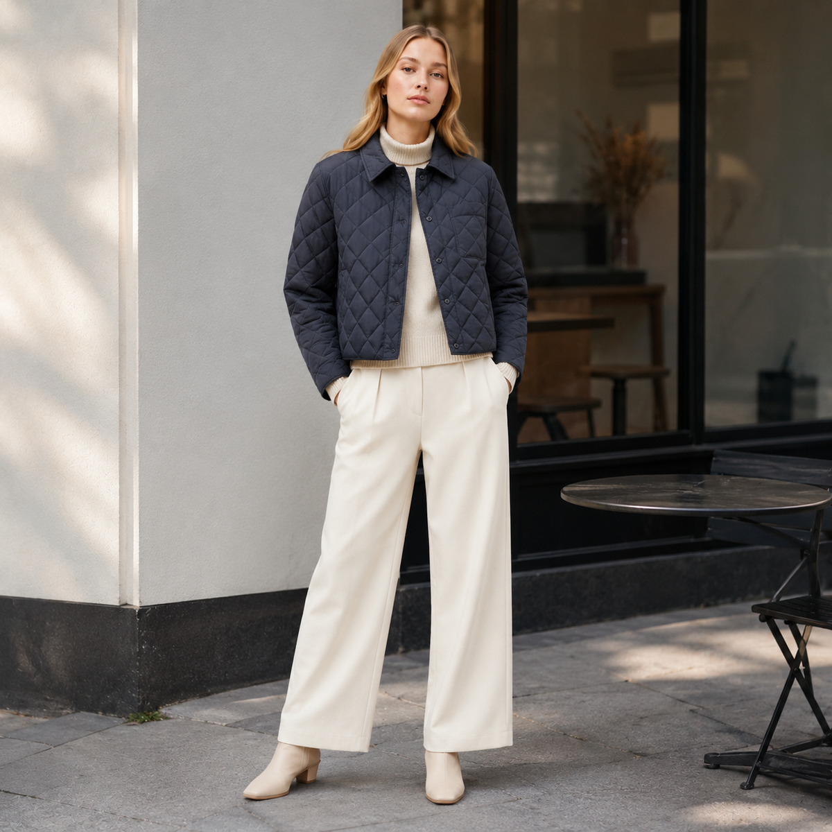 Woman wearing a navy women's collarless quilted jacket in a modern café exterior lifestyle scene