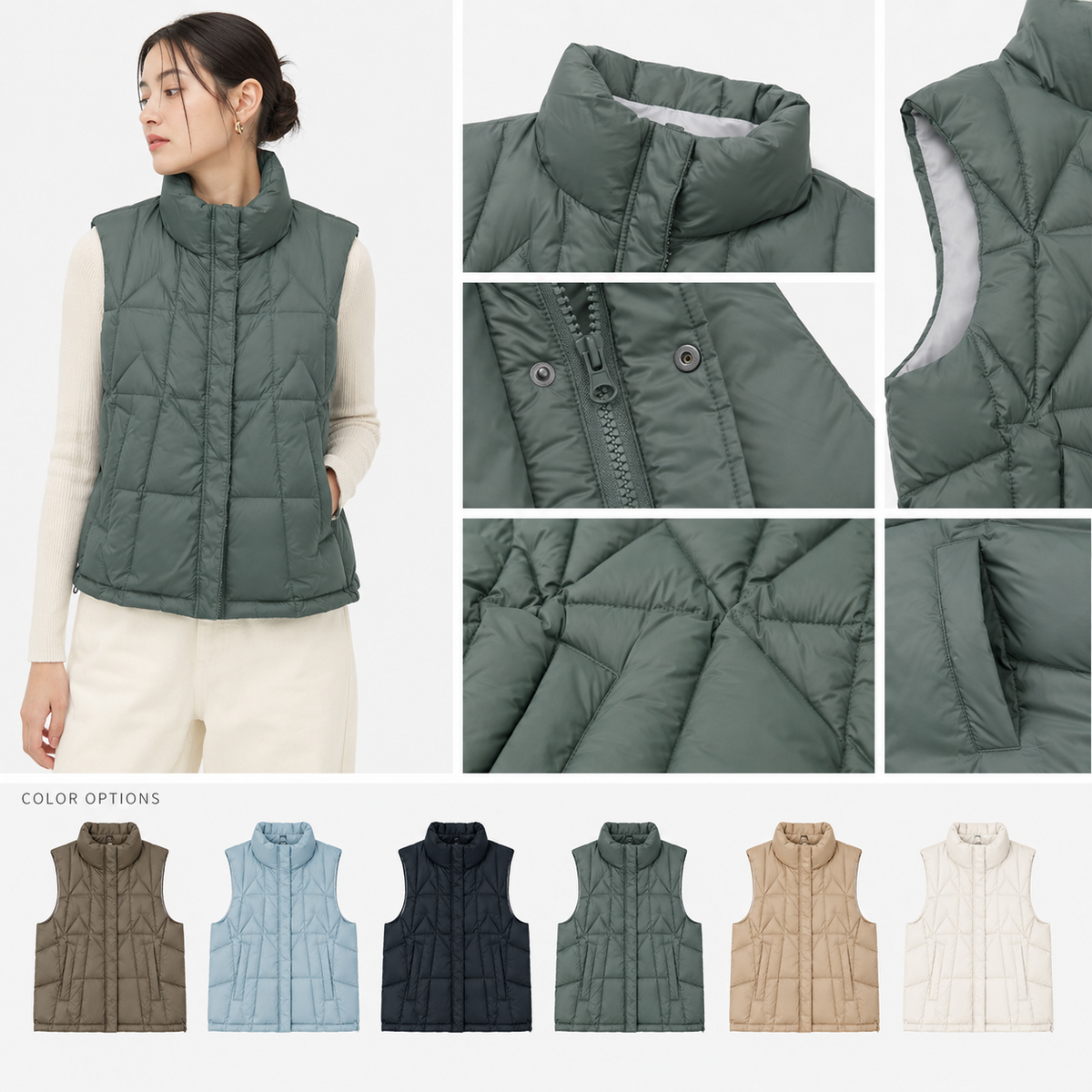 Detail views of the sage green women's lightweight puffer vest, including stand collar, snap placket, armhole, diamond quilting, pocket and multiple color options