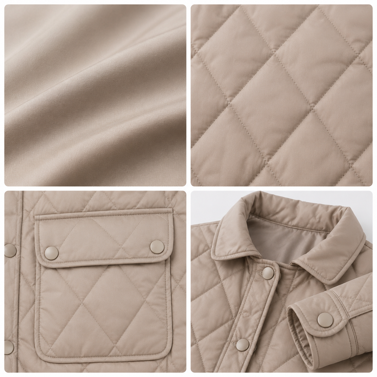 Detail views of the taupe women's diamond-quilted lightweight jacket, including fabric sheen, diamond quilting, flap pocket and collar construction
