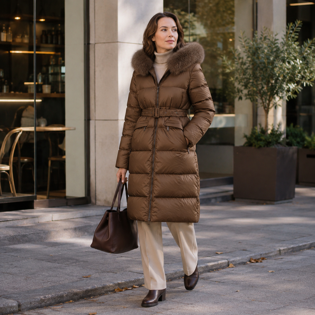 Woman wearing a brown women's long belted hooded puffer coat in a city street lifestyle scene