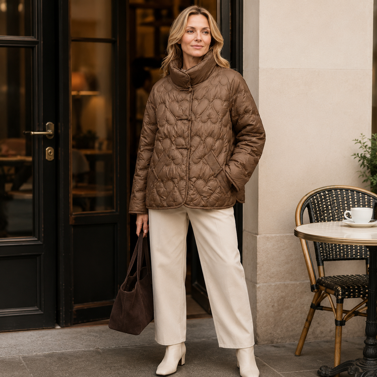 Woman wearing a brown women's textured-quilt puffer jacket in a outdoor café lifestyle scene